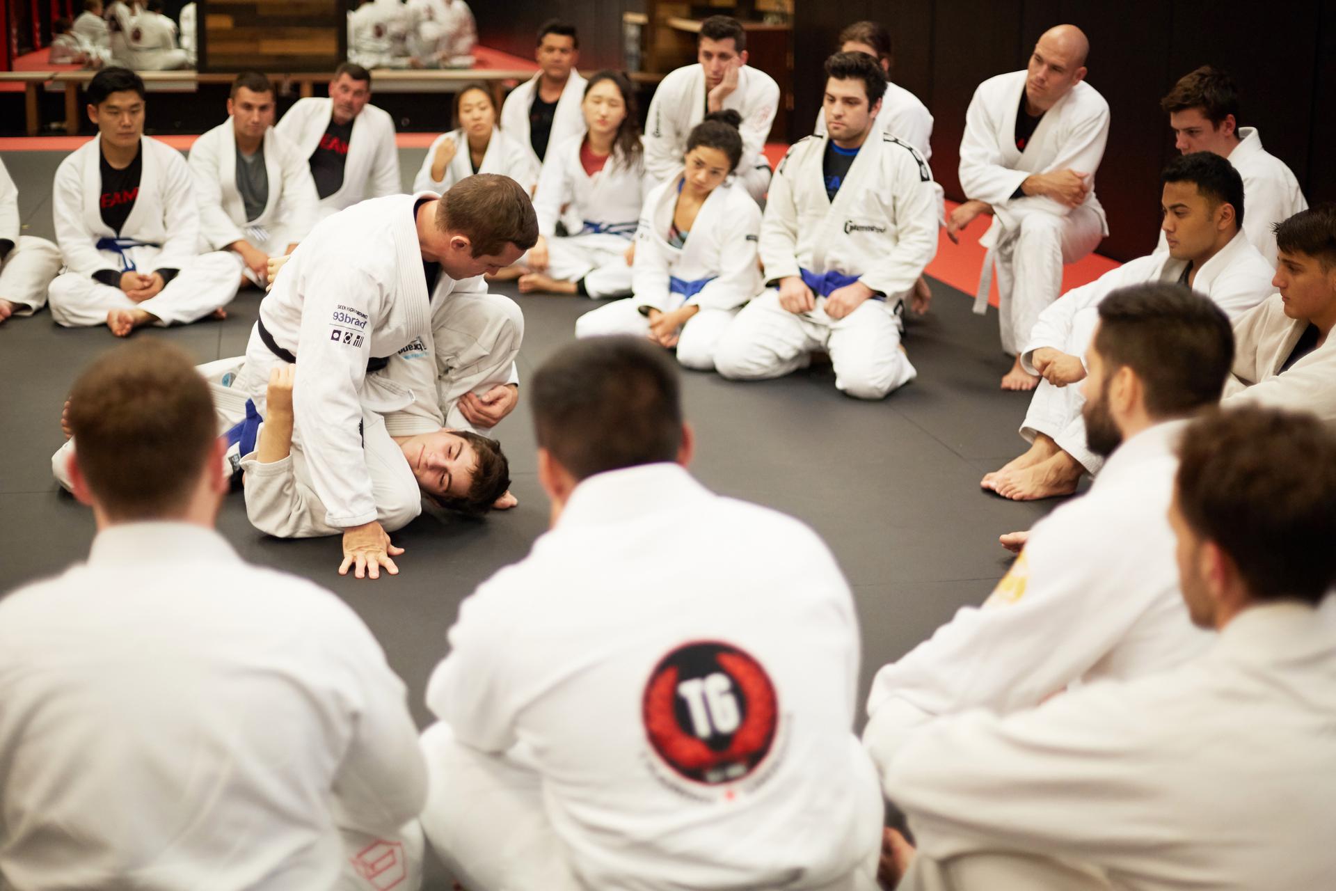 students watching their jiu jitsu instructor teach