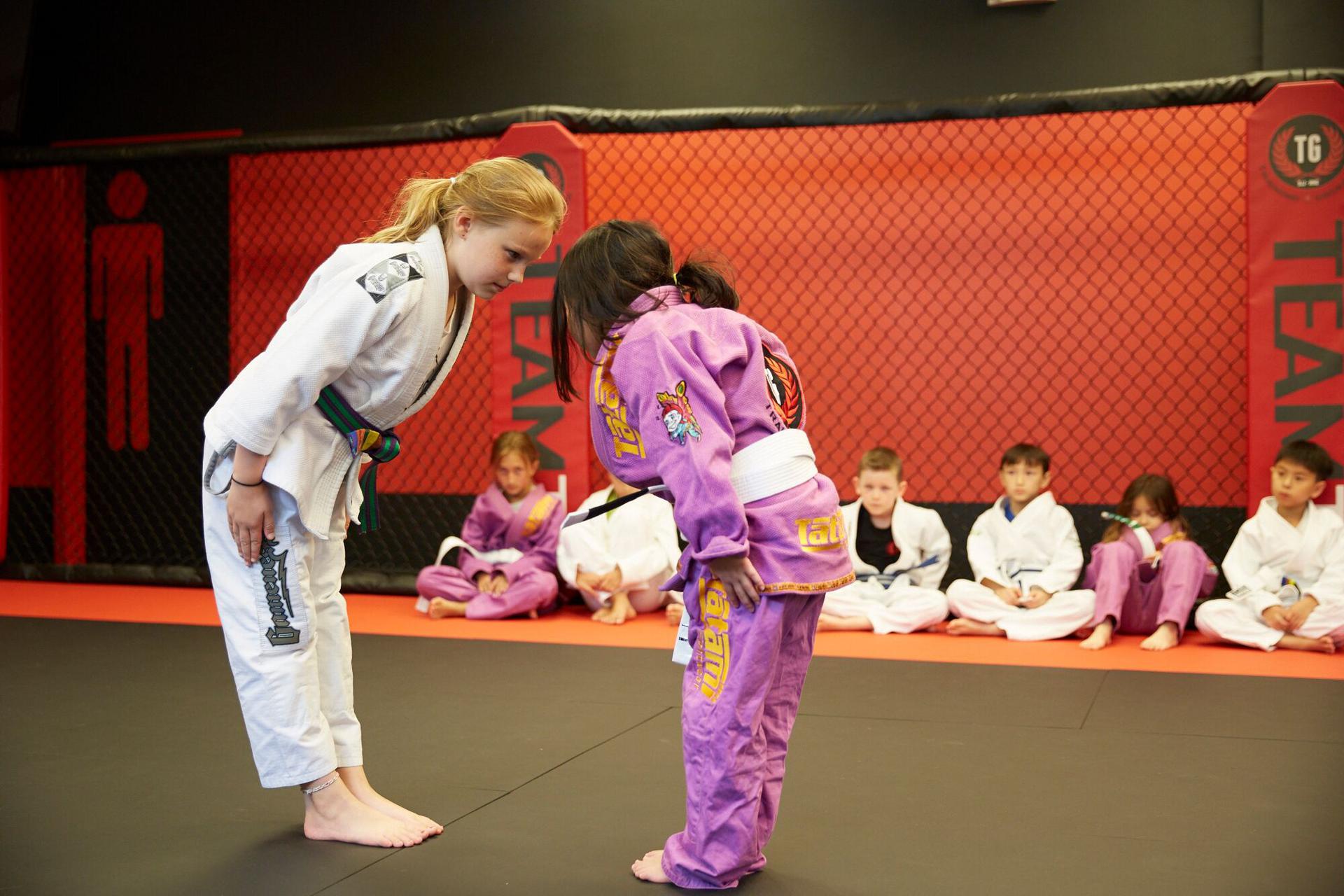 kids sitting on the mats raising their hands acting respectful in their bjj school